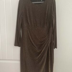 Ralph Lauren Brown Metallic Long-Sleeve Ruched Dress